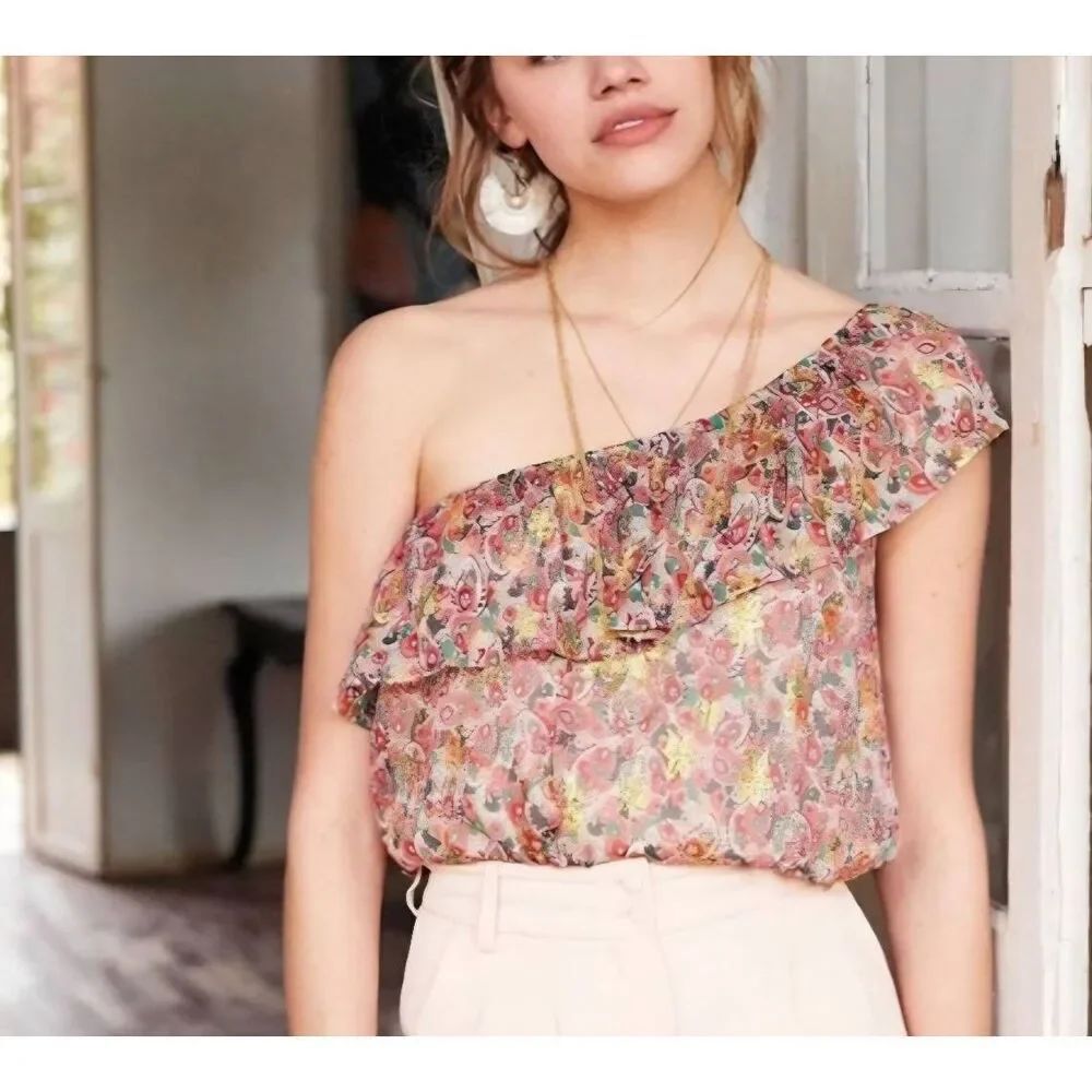 Sezane Adeline  one shoulder floral blouse sz 34/US 2